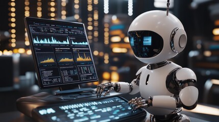 Futuristic robot working at a computer terminal, analyzing data displayed on a monitor with various graphs and charts.