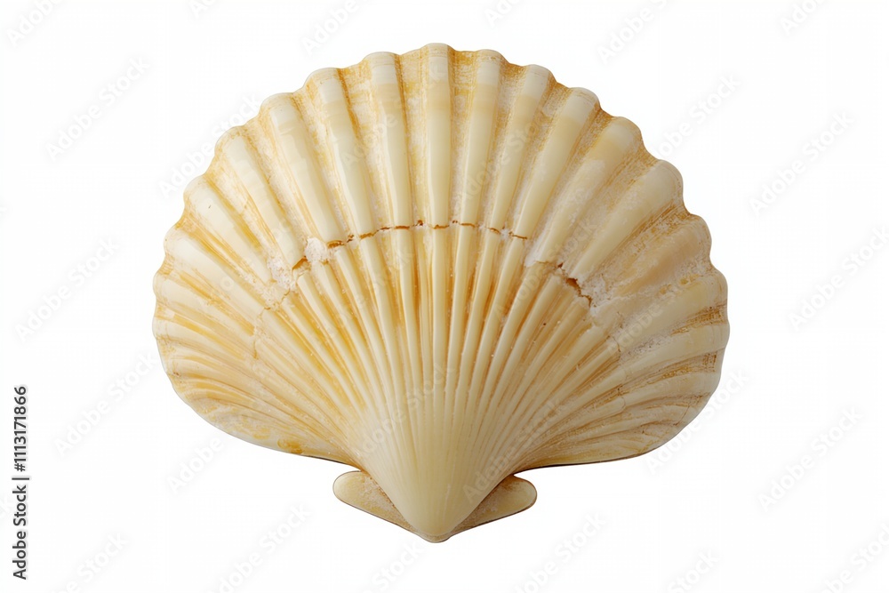 Poster a large, white shell with a brown center. the shell is open and has a slightly curved edge