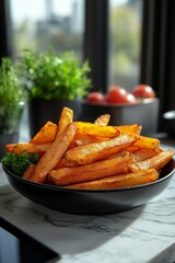 Deliciously Golden French Fries in a Stylish Black Bowl Near Fresh Ingredients
