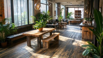 Fototapeta premium Sunlight-filled industrial loft space with wooden furniture and plants.