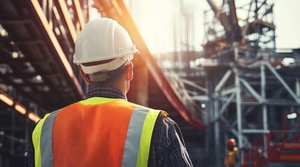 A close-up of a civil engineer inspecting a bridge structure, wearing a hard hat and safety vest, Bridge construction site scene