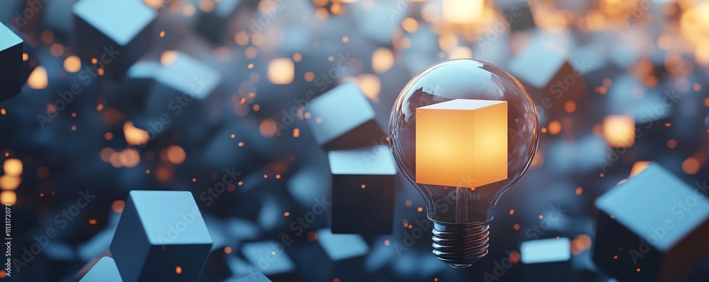 Aufkleber glowing cube inside light bulb floating among other cubes