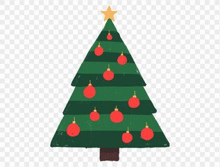 Hand drawn Christmas tree with chalk style decorations and childlike lines on  transparent background, perfect for festive designs. vector