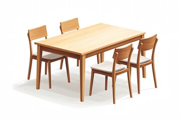 Fototapeta premium A wooden table with four chairs around it. The chairs are white and the table is brown. The table is set for a family dinner