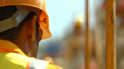 A close-up of a construction foreman overseeing safety protocols at a busy worksite, Safety management scene, Vigilant and procedural style