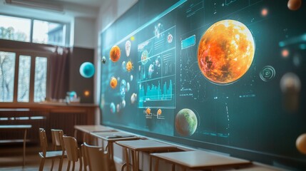 An augmented reality setup in a classroom, helping students visualize complex scientific concepts