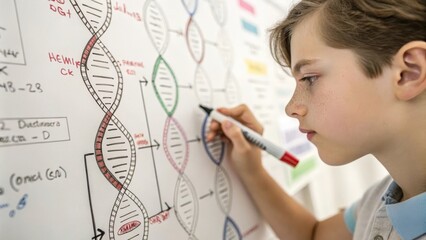 Young scientist drawing dna structure on whiteboard for educational biology lesson