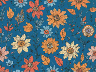 abstract pattern design illustration Colorful hand drawn flowers on blue background