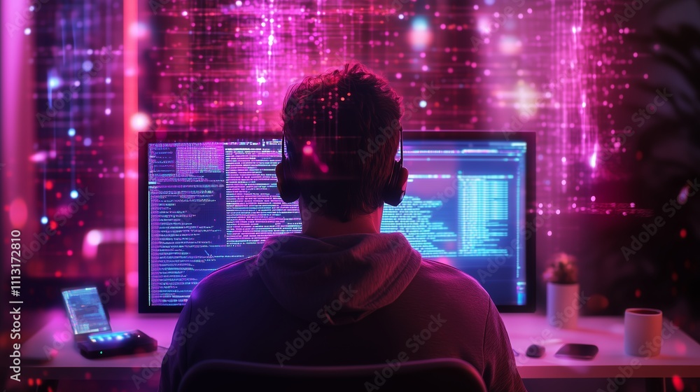 Poster person using dual monitors in a dark room while coding and surrounded by digital effects