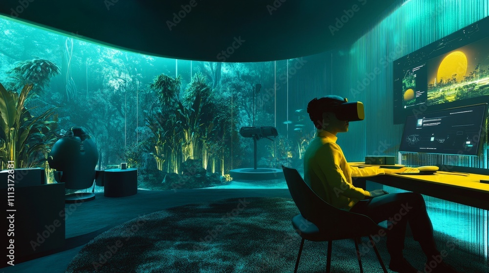 Poster an innovation lab where scientists are experimenting with virtual reality environments
