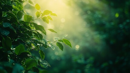 Fresh green leaves covered with dew drops in morning sunlight