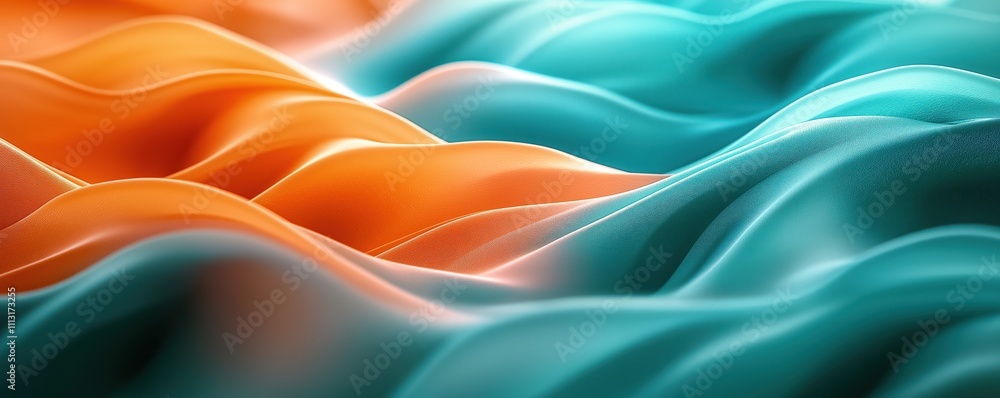 Poster abstract image shows flowing wavy shapes. teal, orange hues create dynamic texture. visual design ev