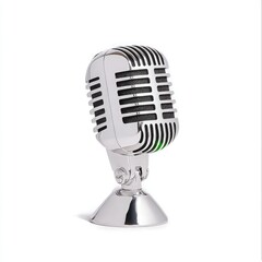 Fototapeta premium Classic vintage chrome microphone stands isolated on a clean white background in a studio setting.