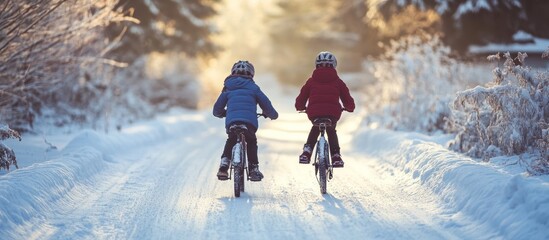 Two children riding bikes on a snowy path during winter.
