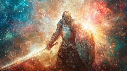 Artistic representation of the Armor of God from Ephesians 6:13-14, featuring a figure in full biblical armor, each piece symbolizing protection and strength in spiritual warfare