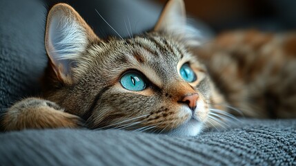 A Tabby Cat With Striking Blue Eyes Rests Comfortably