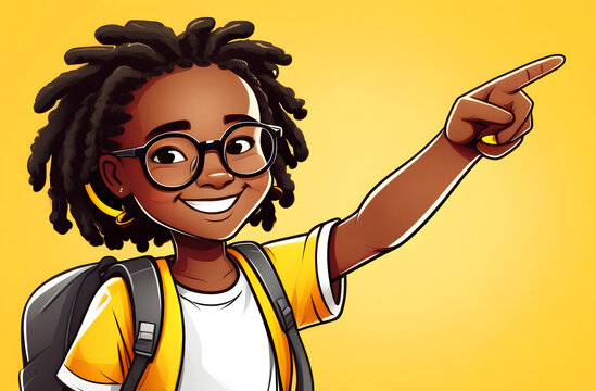 Smiling child with glasses and dreadlocks pointing upward, wearing a backpack and yellow shirt, on a bright yellow background, concept of education and positivity