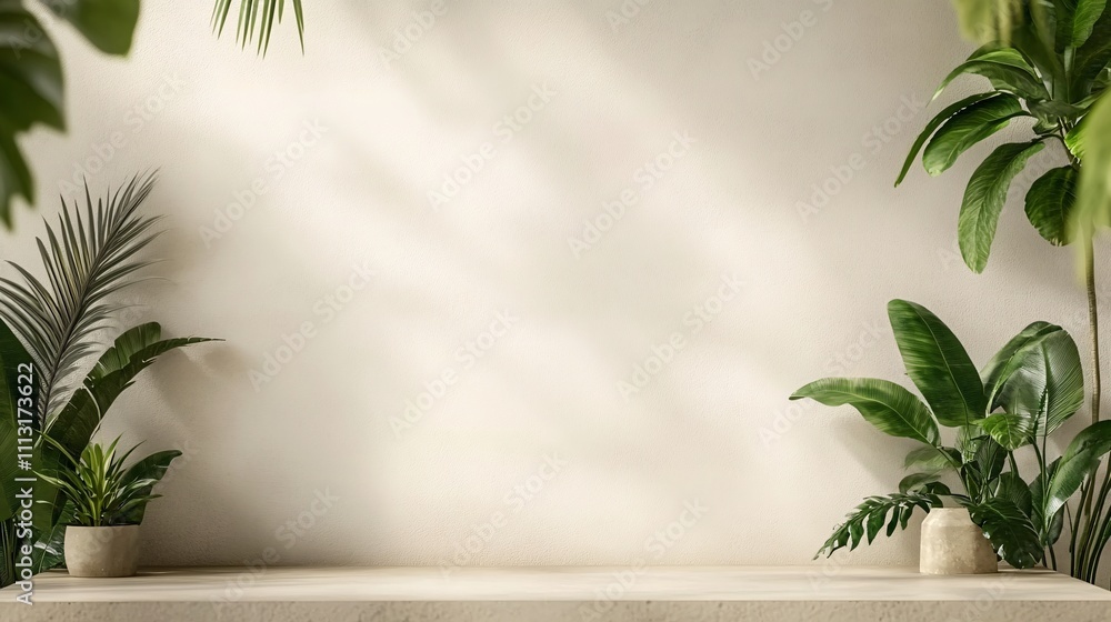 Aufkleber empty shelf displaying tropical houseplants with sunlight creating shadows on wall