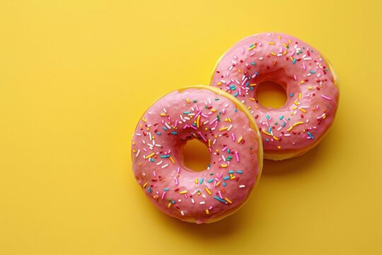 Two colorful donuts with pink icing and sprinkles on a bright yellow background, perfect for sweet treats and dessert concepts.
