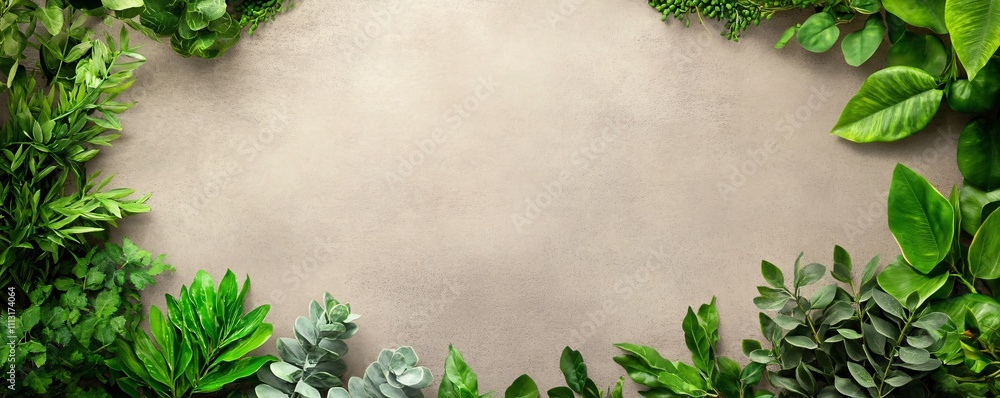 Poster green leaves bordering neutral background creating copy space