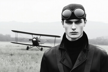 Pilot nostalgia young Caucasian man with vintage airplane in black and white © smth.design