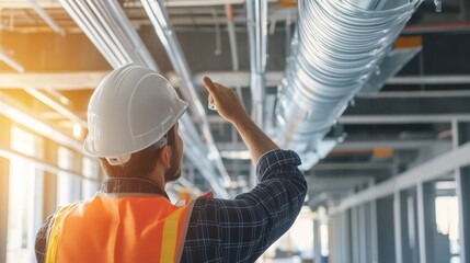 A close-up of an engineer inspecting advanced HVAC systems installation in a modern office building under construction, HVAC inspection scene, Technological infrastructure style