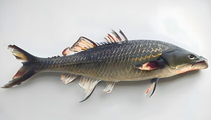 Naklejka premium Arapaima Fish with Long Body and Sharp Fins on White Background