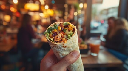 A person holding a Chipotle burrito, ready to take a bite, with a casual dining setting in the background