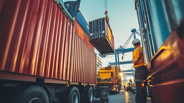 Cargo containers being loaded onto trucks at a port.