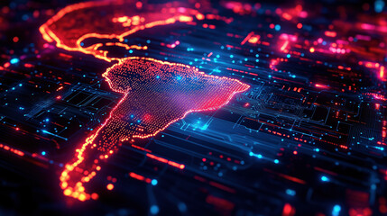 Obraz premium Technological map of South America with glowing digital circuits