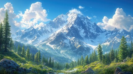 Fototapeta premium Majestic snow-capped mountains, lush green valley.