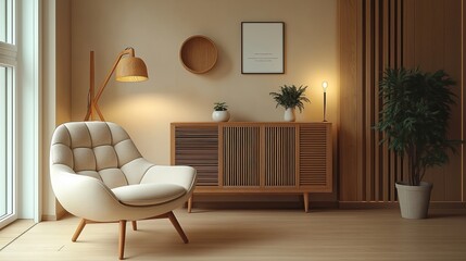 Modern living room features beige armchair with wooden legs, light wooden cabinet. Warm lighting, plants create relaxing atmosphere. Cozy interior design with comfortable seating. Natural elements