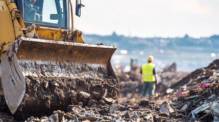 A close-up shot of a construction worker operating a bulldozer to clear debris at a landfill construction site, Landfill construction scene, Heavy machinery operation style