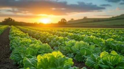 Rich lettuce rows stretch across vast agricultural field under vibrant sunset. Sustainable farming practices symbolized by healthy growth of crops. Expansive view shows rows of green lettuce plants.