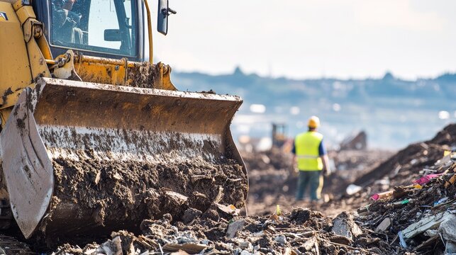 A close-up shot of a construction worker operating a bulldozer to clear debris at a landfill construction site, Landfill construction scene, Heavy machinery operation style