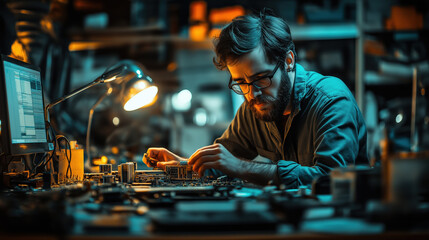 Caucasian man working on electronics in dimly lit workshop with computer and lamp