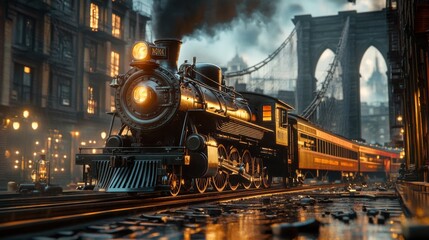 Obraz premium Steam locomotive crossing a bridge