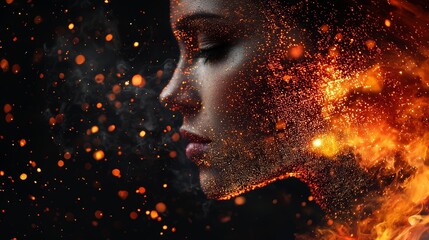 A profile of a woman with fiery, ethereal effects and particles, symbolizing transformation.