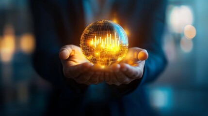 Fototapeta premium Professional Analysis of Global Trends Presented Through a Glowing Sphere of Data Insights in a Business Environment