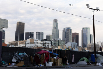 Los Angeles, California, USA - November 29, 2024: The downtown skyline rises over a sidewalk...