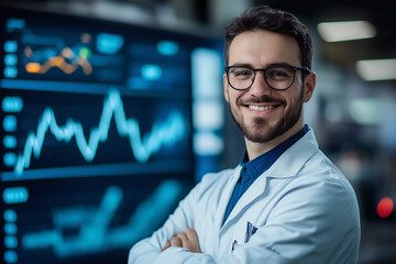 Fototapeta premium Confident Financial Product Manager Standing in Front of Data Screen