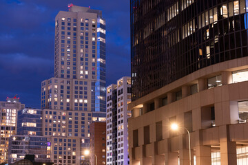 Night view of the skyscrapers on Bunker Hill of downtown Los Angeles, California, USA.