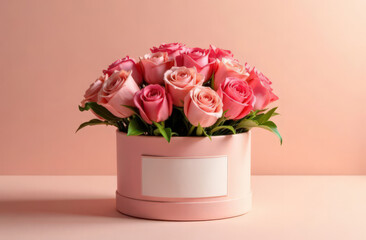 Fototapeta premium Luxury pink flower box filled with roses on a matching pastel background. Romantic gift and Valentine's Day floral arrangement concept with space for text