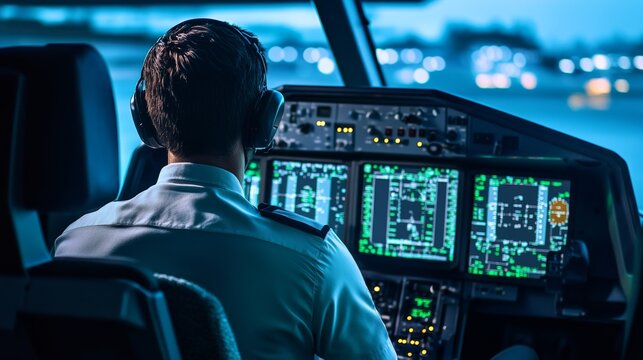 A close-up shot of a pilot in a flight simulator, with digital screens and cockpit controls surrounding them, Aviation training center scene