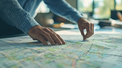 A close-up shot of an urban planner reviewing city maps and blueprints in a bustling municipal planning office, Urban planning office scene, Strategic planning style