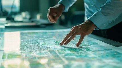 A close-up shot of an urban planner reviewing city maps and blueprints in a bustling municipal planning office, Urban planning office scene, Strategic planning style