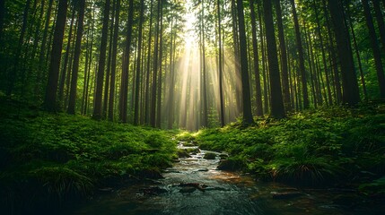 Obraz premium Sunlight Streaming Through Trees Over a Tranquil Stream in a Lush Forest Nature Photography Peaceful Environment