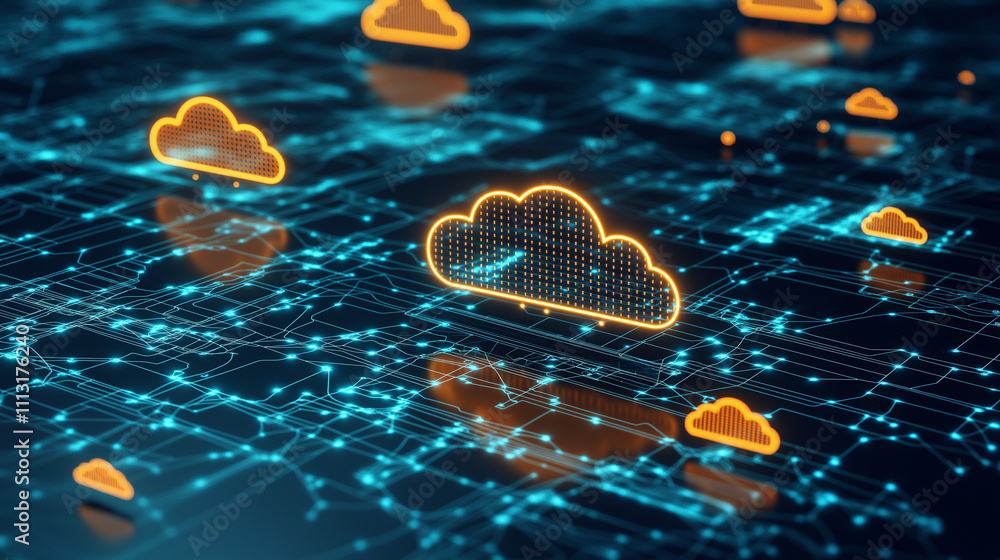 Poster cloud computing network: abstract digital illustration of cloud computing network, showcasing glowin