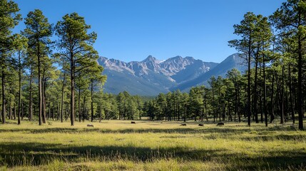 Fototapeta premium Scenic View of Majestic Mountains and Lush Pine Forest Nature Landscape Clear Sky Tranquil Environment