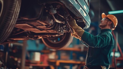 A close-up view of a mechanic working under a car, with tools and engine parts spread around in a garage, Auto repair shop scene